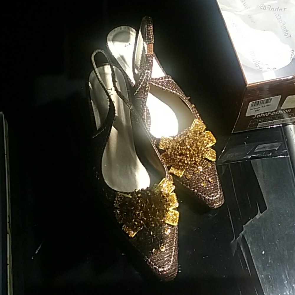 Gold Brown Beaded John Fashion Formal Slingbacks
